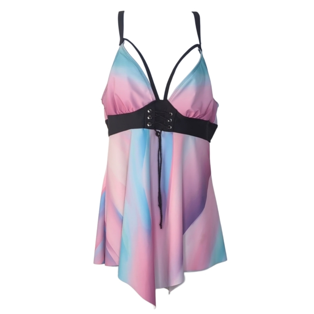 Women's‎ Medium Pink Purple Blue Pastel Harness Corset Swim Tankini Top